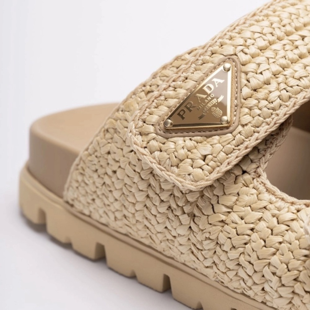 PRADA triangle logo raffia double strap leather slides sandals - Picture 2 of 5